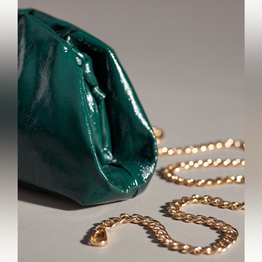 Anthropologie Teal Patent Clutch with Gold Chain